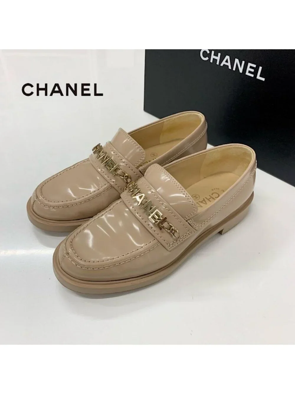 Chanel Logo CC Chain Leather Loafers Beige